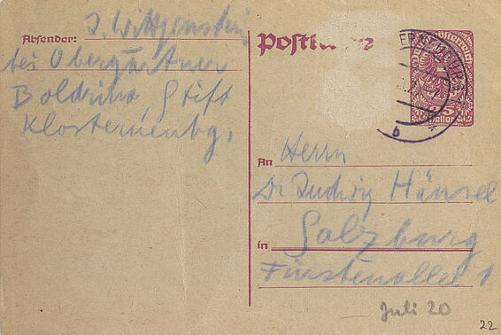 Postkarte mit Handschrift von Ludwig Wittgenstein