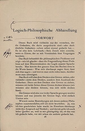 Seitenumbruch der Logisch-Philosophischen Abhandlung, Vorwort, mit handschriftlichen Anmerkungen