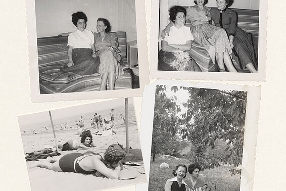 Four black and white photos of women at the beach, on a sofa and underneath a tree