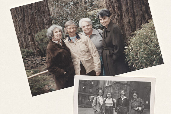 Two pictures of the same four women, older and younger