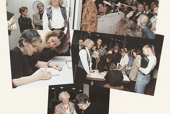 Four pictures of Ruth Klüger at readings
