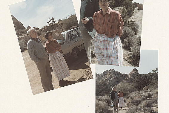 Three pictures of a man and a woman in between rocks