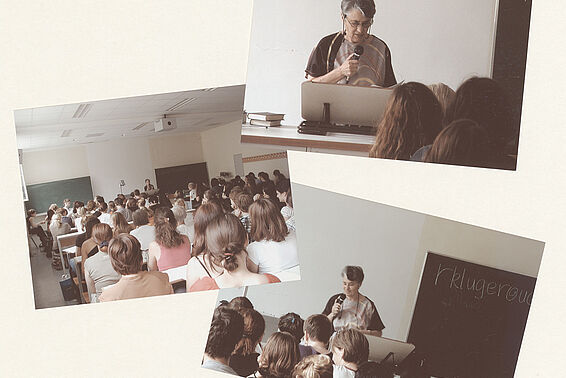 Three pictures of Ruth Klüger reading to a crowd