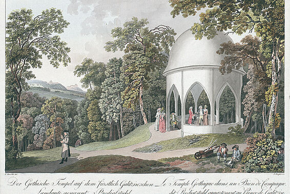 Kleiner, weißer Pavillon mit vielen Personen in einer grünen Landschaft