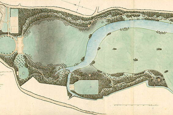 Genalte Landkarte von einer Gartenanlage mit Fluss