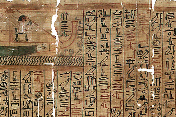 Papyrus mit Zeichnung von Person auf Schiff.