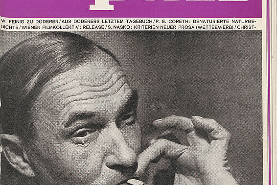 Magazincover in Lila mit Foto von Mann, der an einer Zigarette zieht