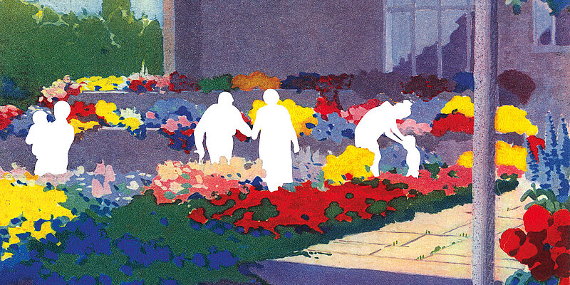 Lila Haus mit bunten Blumen und weißen Umrissen von Personen davor.