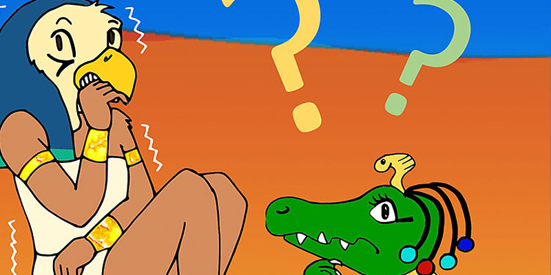 Grafik von einer Person und einem Krokodil in ägyptischen Kostümen mit Fragezeichen