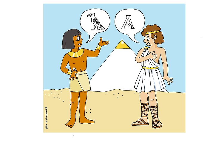 Comic mit der Darstellung eines Ägypters und eines Griechen, die miteinander sprechen