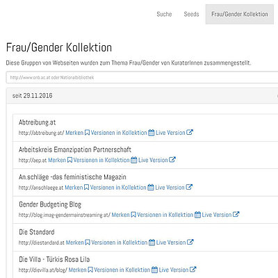 Screenshot einer Website, auf der alphabetisch Namen von Kollektionen aufgelistet sind