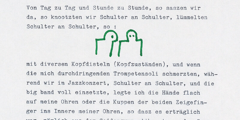 Text mit zwei in Grün gezeichneten Figuren.