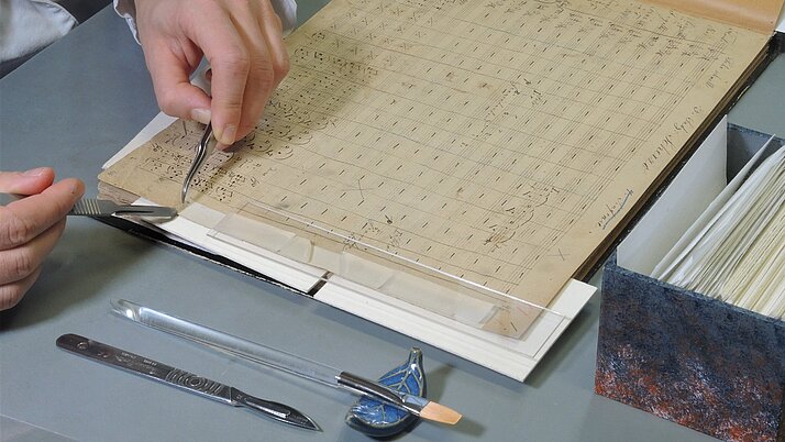 Eine alte Überklebung auf einem Musikautograph wird durch das kontrollierte Einbringen von Feuchtigkeit angelöst und mechanisch entfernt.
