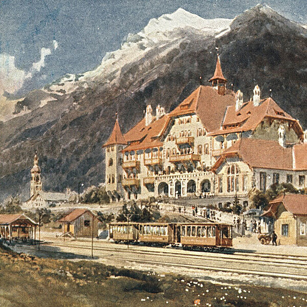 Fulpmes mit dem Bahnhof und dem Stubai-Hotel 