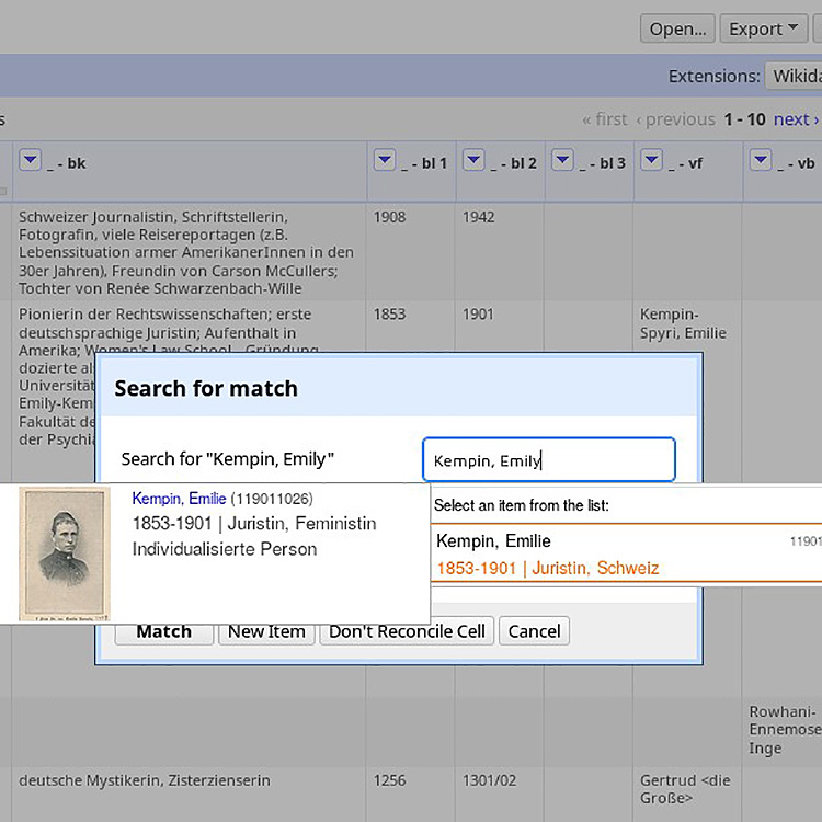 Screenshot, Suche in Datenbank nach Kempin, Emily