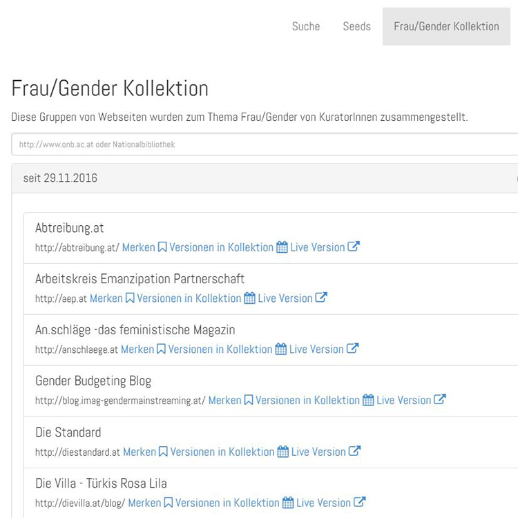 Screenshot einer Website, auf der alphabetisch Namen von Kollektionen aufgelistet sind