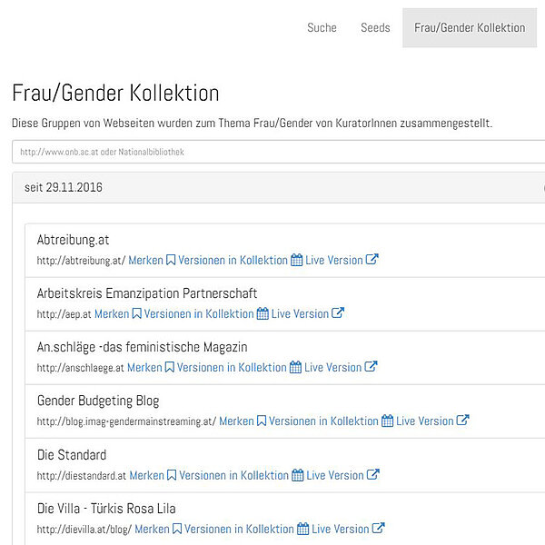 Screenshot einer Website, auf der alphabetisch Namen von Kollektionen aufgelistet sind