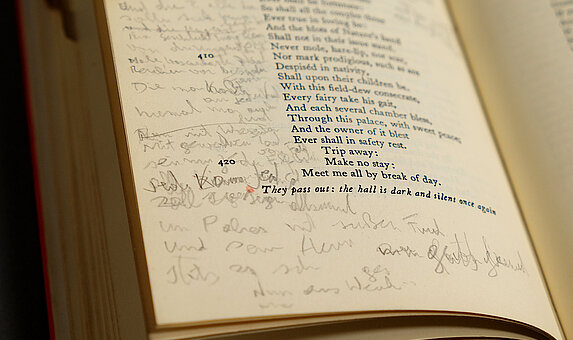 Buchseite mit Notizen in Bleistift