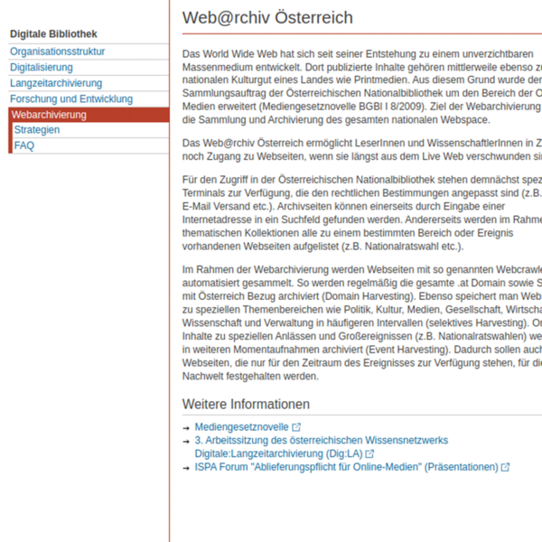 Screenshot einer Website mit Titel Webarchiv Österreich