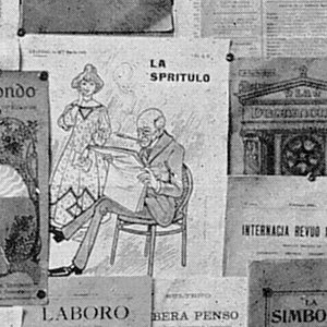 Schwarz-Weiß-Aufnahme von Plakaten in Esperanto