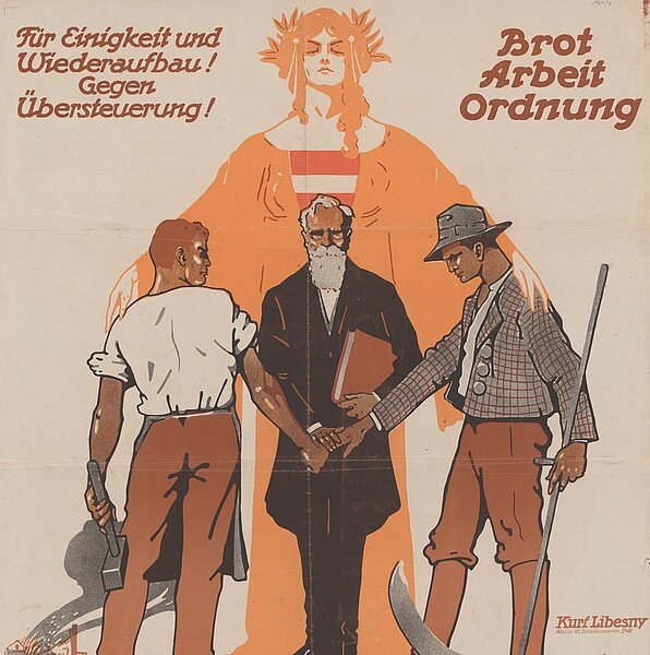 Wahlplakat, zwei Arbeiter geben sich die Hand, einer hält ein Buch