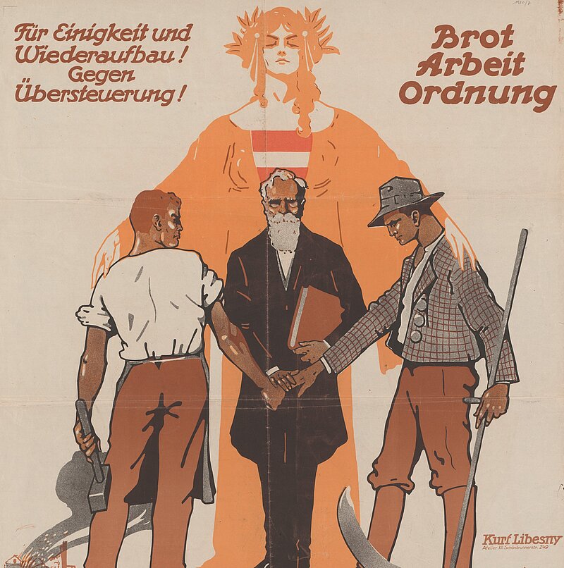 Wahlplakat, zwei Arbeiter geben sich die Hand, einer hält ein Buch