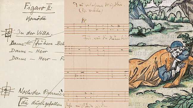 Collage aus drei Bildern nebeneinander von einer Handschrift, einem Notenblatt und einer Illustration einer am Bauch liegenden Person.