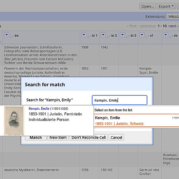 Screenshot, Suche in Datenbank nach Kempin, Emily