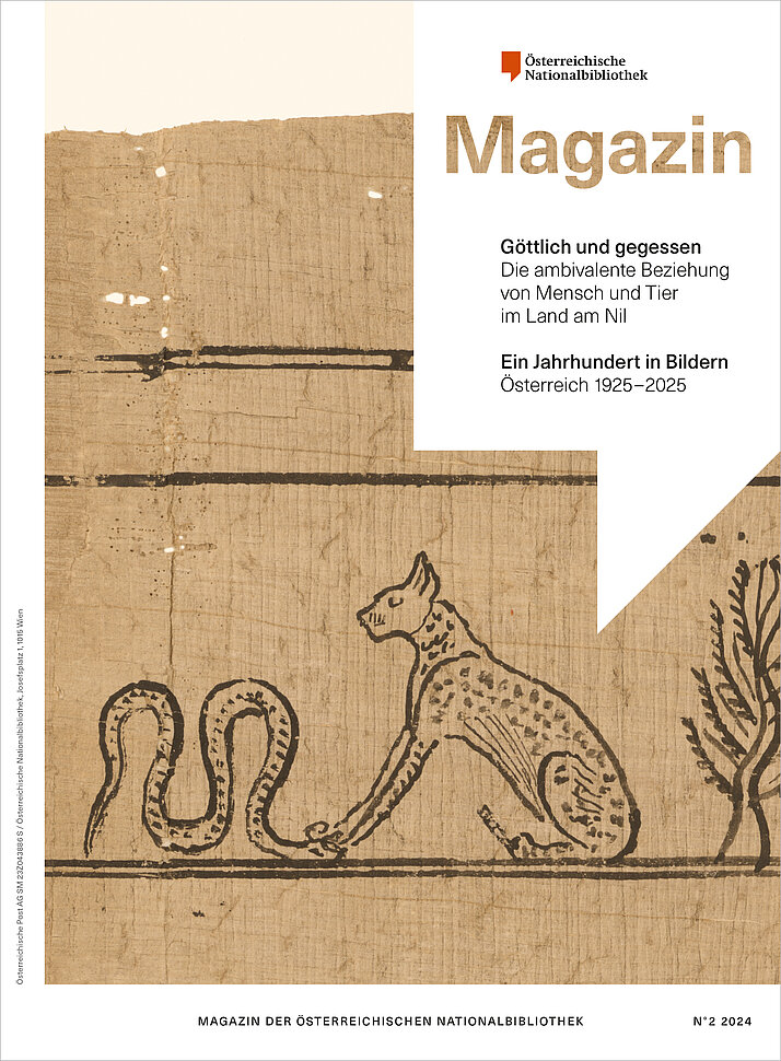 Grafik, die einen Papyrus mit Tiergestalten zeigt, darauf eine weiße Fläche mit den Worten "Magazin der Österreichischen Nationalbibliothek"