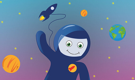 Grafik von lächelndem bzw. lächelnder Astronaut*in und Rakete.