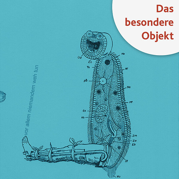 Skizze auf blauem Hintergrund, Schrift "Das besondere Objekt"