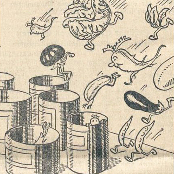 Illustration von Gemüse, das in Dosen hüpft