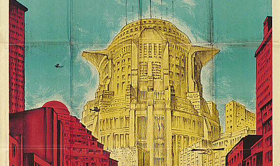 Plakat mit Zeichnung einer retro-futuristischen Stadt in Türkis, Gelb und Pink.