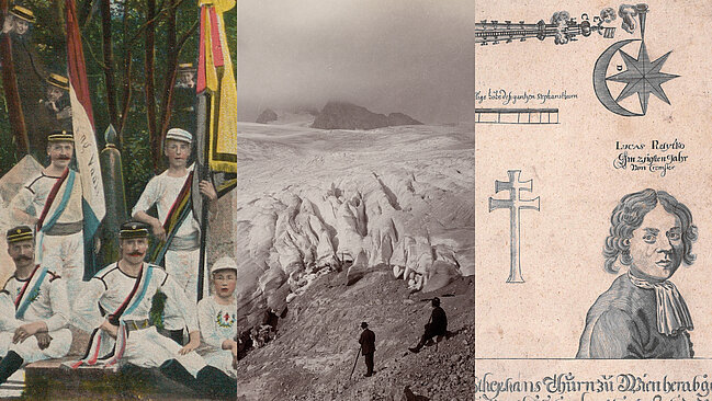 Collage aus drei Bildern nebeneinander: Personen in weißer Uniform, ein schwarz-weißes Foto von einem Gletscher und eine Illustration einer Person mit kurzen Haaren auf Papier.