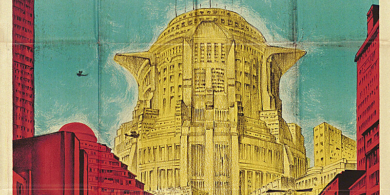 Plakat mit Zeichnung einer retro-futuristischen Stadt in Türkis, Gelb und Pink.