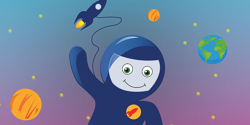 Grafik von lächelndem bzw. lächelnder Astronaut*in und Rakete.
