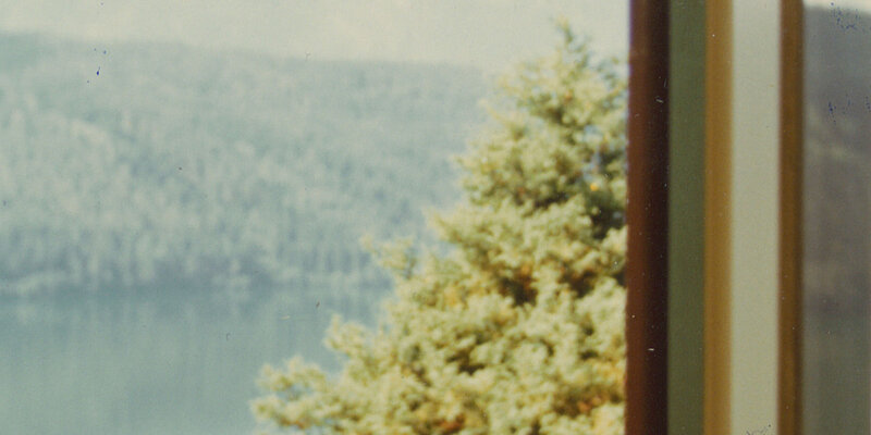 Helles Foto durch ein Fenster auf einen See mit Bergen und Wald.