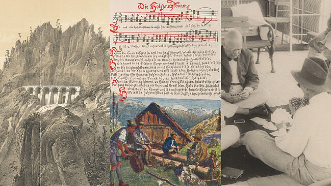 Collage aus drei Bildern nebeneinander: Zeichnung eines Waldes mit Bergen, Seite eines Buches mit Noten, Text und einer Zeichnung von Menschen im Wald vor einer Hütte, Foto von Menschen, die am Boden sitzen und Karten spielen.