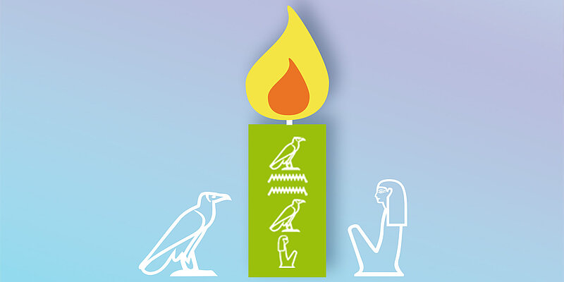 Grafik von grüner Kerze mit eingeritzten Hieroglyphen, die einen Vogel und eine sitzende Person zeigen