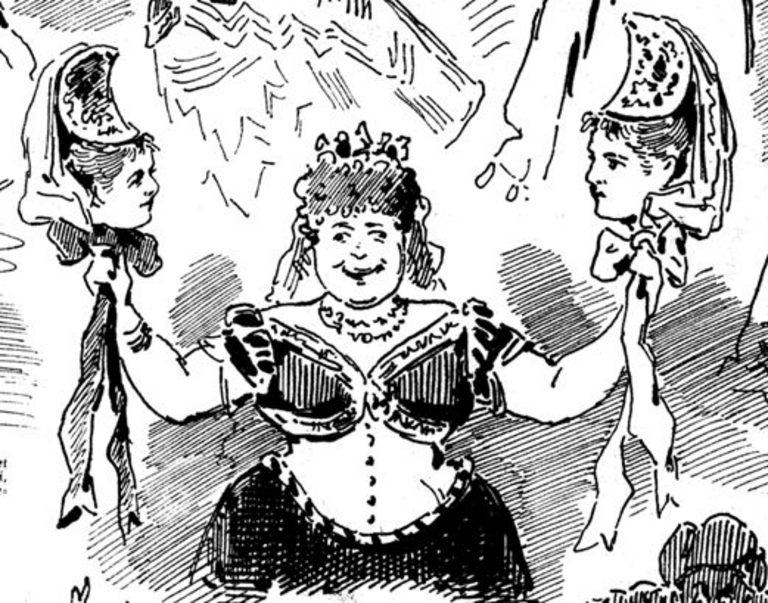 Karikatur einer Person in ausladendem Ballkleid, in jeder Hand hält sie eine Kopf mit mondförmiger Kopfbedeckung und Schleifen hoch.