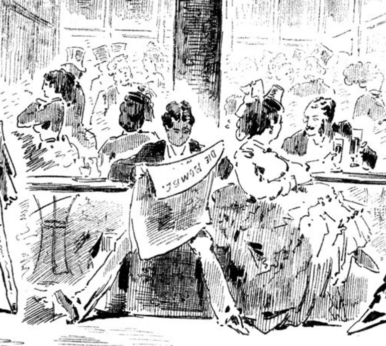 Illustration von Personen in altmodischer Kleidung in einem Kaffeehaus, eine Person in der Mitte liest Zeitung.