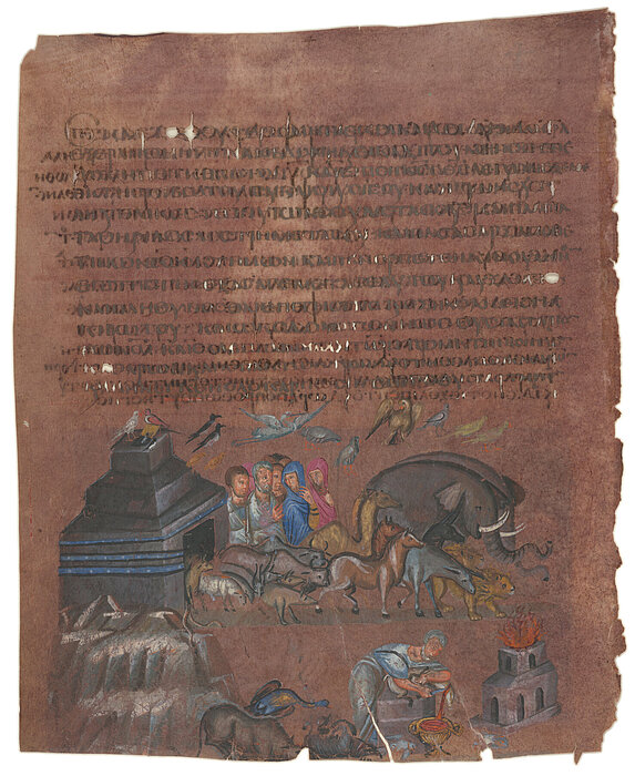 Bild eines Blattes der Wiener Genesis. Unter dem Text ist die Darstellung der Tiere zu sehen, die aus der Arche Noah´s kommen, sowie Noah der ein Opfer bringt.