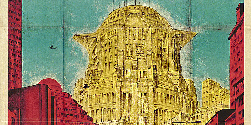 Plakat mit Zeichnung einer retro-futuristischen Stadt in Türkis, Gelb und Pink.