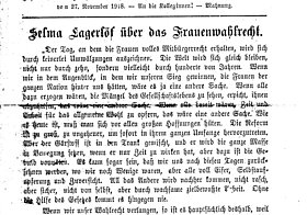 Selma Lagerlöf über das Frauenwahlrecht; aus: Mitteilungen des Vereines der Lehrerinnen und Erzieherinnen in Österreich, Nr. 7, Dezember 1918, Seite 1-2