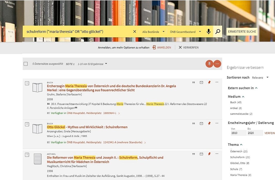 Screenshot von Website mit Suchergebnissen in Bibliothekskatalog
