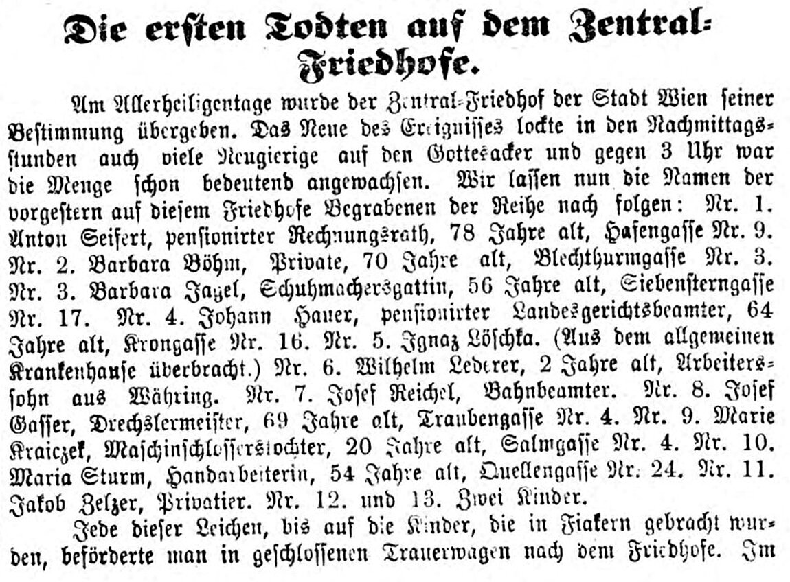 Alter Zeitungsartikel mit Titel "Die ersten Toten auf dem Zentralfriedhofe"
