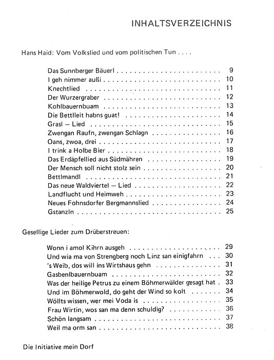 Inhaltsverzeichnis, schwarze Schrift auf weißem Papier