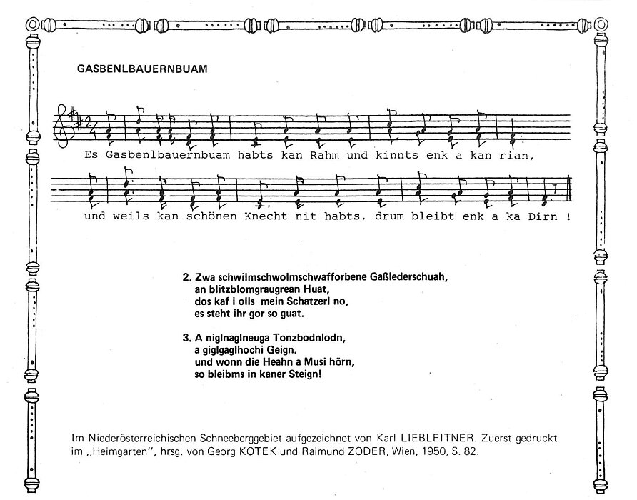 Notenblatt mit Text, Titel " Gasbenlbauernbuam"