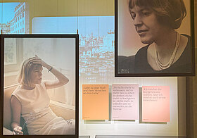 Ausstellungsansicht, links sowie rechts oben Fotos von Bachmann, rechts unten drei Zitate