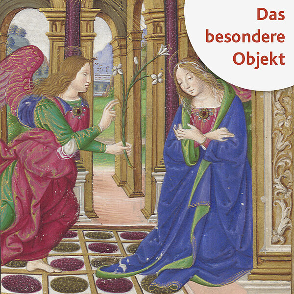 Mittelalterliche Zeichnung von einer Frau und einem Engel, im Eck steht "Das besondere Objekt"